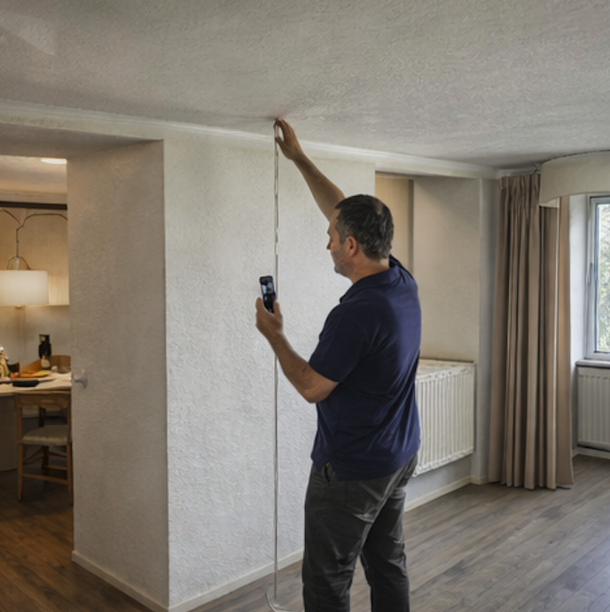 Energiedeskundige type A meet isolatiewaarde van muur voor EPC-opmeting